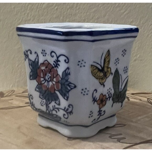 Vintage Chinoiserie Floral Butterflies Ceramic Hand Painted 4" Indoor Planter - Picture 4 of 12